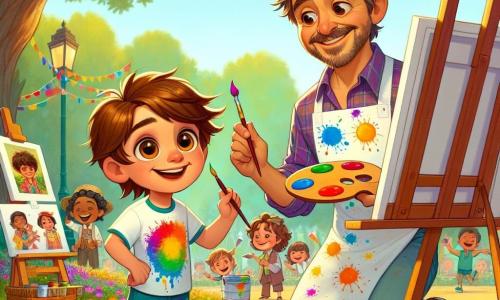 Un jeune garçon nommé Louis, âgé d'environ 10 ans, se tient au centre de l'image, les yeux brillants d'excitation. Il a des cheveux châtains en bataille et porte un t-shirt coloré avec des éclaboussures de peinture. Louis tient un pinceau et une palette de couleurs vives, prêt à créer une œuvre d'art sous un grand chêne. À ses côtés, Lucien, un homme d'une cinquantaine d'années, sourit chaleureusement, portant un tablier taché de peinture et observant Louis avec fierté, tenant un chevalet avec une toile blanche. Le lieu est un parc ensoleillé, rempli de fleurs éclatantes et de visiteurs joyeux, avec des guirlandes colorées flottant dans l'air et des musiciens jouant de la musique joyeuse, créant une atmosphère festive. Louis et Lucien peignent ensemble sous l'ombre du chêne, entourés de couleurs éclatantes et de rires d'enfants, illustrant la magie de l'art et le partage de la créativité.