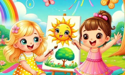 Deux petites filles, Emma et Lila, âgées de trois ans, se tiennent dans un jardin ensoleillé. Emma, avec des cheveux blonds, porte une robe jaune à pois et peint un soleil sur une feuille. Lila, avec des cheveux bruns, porte une robe rose et peint un arbre vert à côté d'elle. Le jardin est rempli de fleurs colorées et d'un ciel bleu. Les deux amies s'amusent à créer des œuvres d'art ensemble, riant et partageant leur joie de l'été.