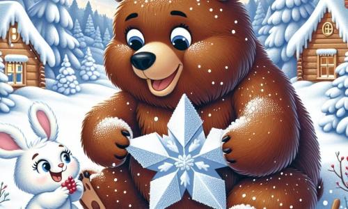 Un grand ours brun nommé Hugo, avec un pelage épais, sourit joyeusement en façonnant une étoile en neige, ses pattes pleines de neige scintillante. À ses côtés, une petite lapine blanche nommée Lila, aux grandes oreilles, rit en ajoutant des baies rouges à l'œuvre d'art. La scène se déroule dans une vallée enneigée, où des flocons de neige tombent doucement sur les arbres en sapin et les maisons en bois. Hugo et Lila s'amusent ensemble, créant une magnifique étoile de neige, entourés de paysages hivernaux enchanteurs.