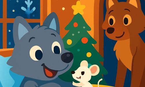Petit Loup, un loup au pelage gris et aux yeux curieux, est allongé sur son lit avec un sourire. Il tient une petite souris nommée Flocon, au pelage blanc, qui saute joyeusement sur l'oreiller. Maman Loup, douce et au pelage brun, se tient près de la porte, souriante, observant la scène avec tendresse. La chambre est décorée de guirlandes scintillantes et d'un sapin de Noël illuminé, tandis que des flocons de neige tombent doucement à l'extérieur. Petit Loup et Flocon vivent un moment magique, entourés de chaleur et de joie, prêts à s'endormir dans l'esprit de Noël.