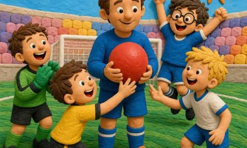 Léo, homme souriant et tendre, tient un ballon rond rouge, yeux brillants, cheveux bruns courts, maillot et short bleus, chaussures orange; à sa gauche Max (≈9 ans) rit et applaudit, gants de gardien verts; à sa droite Sami (≈8 ans), cheveux blonds en bataille, tend la main vers le ballon; Tom (≈10 ans), lunettes rondes, saute de joie derrière Léo; un garçon de l’équipe jaune (≈9 ans) avance, main sur le ballon, visage surpris et heureux; petit stade coloré avec pelouse verte en vagues, ligne blanche nette, but blanc, gradins pastel et un soleil orange souriant en haut à droite; scène de camaraderie aux formes rondes et couleurs simples, textures douces adaptées aux tout-petits.