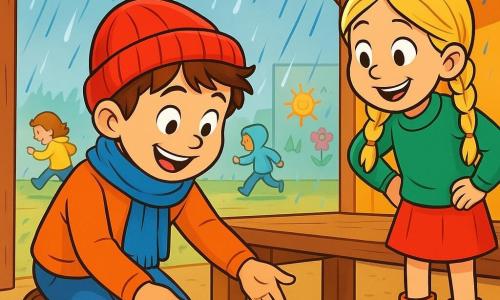 Léo, un garçon de 8 ans aux cheveux bruns en bataille et au grand sourire, porte un bonnet rouge et une écharpe bleue. Agenouillé sous un banc en bois, il cherche une plume rouge brillante. À ses côtés, Camille, une fille de 8 ans aux cheveux blonds tressés, l'observe avec impatience. La scène se déroule dans un préau en bois aux murs colorés, sous une pluie qui tambourine sur le toit. Léo aide Camille à retrouver sa plume perdue, tandis que d'autres enfants jouent autour d'eux, créant une atmosphère chaleureuse malgré le temps maussade.