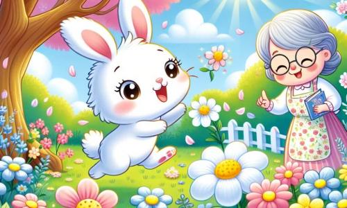 Un petit lapin aux grandes oreilles et à la fourrure douce et blanche saute dans un jardin coloré, entouré de fleurs éclatantes. Madame Lapin, une lapine sage avec un tablier fleuri et des lunettes, sourit en tenant un livre sur le printemps près d'un arbre majestueux. Le jardin est baigné de lumière, avec des rayons de soleil illuminant les fleurs. Petit Lapin découvre une petite fleur blanche et douce, tandis que les oiseaux chantent dans les arbres.