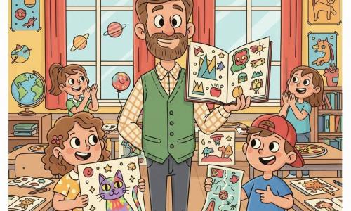 Un instituteur souriant aux yeux rieurs, barbe soignée et cheveux bruns, portant un gilet vert et une chemise à carreaux, se tient au centre, tenant un grand livre ouvert et levant la main pour présenter fièrement les travaux, expression joyeuse et bienveillante; à sa gauche Clara, ~7 ans, cheveux bouclés châtain, robe jaune à pois, tient une grande illustration d’un chat magique aux couleurs vives, regard émerveillé; à sa droite Max, ~7 ans, casquette rouge, t‑shirt bleu et sourire malicieux, montre une carte au trésor colorée; deux autres enfants (~6–8 ans) applaudissent en arrière‑plan près d’une table avec des pizzas découpées et des affiches; la salle de classe est lumineuse, murs jaunes avec posters de planètes et d’animaux, grandes fenêtres avec rideaux rouges, globe sur une étagère, guirlandes et ballons, tables couvertes de dessins et de livres; scène festive d’exposition scolaire devant des parents hors‑champ, couleurs saturées, traits ronds et expressifs, lumière douce, palette rétro pastel vive, textures papier et encre, composition centrée et lisible pour un enfant de 6 ans.
