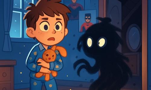 Un garçon de 8 ans, aux cheveux châtains en bataille et aux yeux curieux, se tient au centre de la scène. Il porte un pyjama bleu à étoiles et serre son doudou, affichant une expression à la fois effrayée et déterminée. À côté de lui, l’Ombremange, une créature sombre et floue, flotte dans l’air avec des yeux brillants. La scène se déroule dans une chambre d’enfant aux murs bleus clairs, ornés de posters de super-héros, avec un vieux grenier visible à travers une porte entrouverte. La lumière de la lune projette des motifs de lumière et d’ombre sur le sol en bois. Le garçon est prêt à affronter ses peurs, tandis que l’Ombremange semble hésiter, créant une atmosphère mystérieuse.