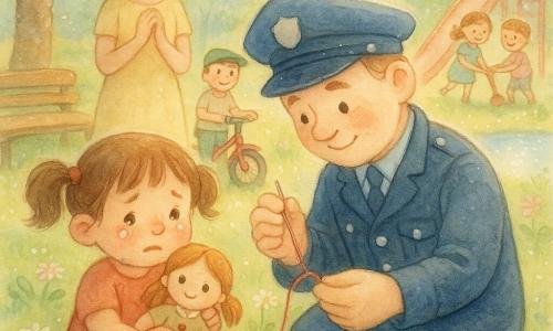 Un policier agenouillé, visage rond et sourire tendre, porte une casquette bleue et recoud avec une petite aiguille et un fil rouge le bouton d’une poupée. À gauche, une fillette d’environ 4 ans aux couettes, les yeux humides mais curieux, tient la poupée à moitié réparée; derrière elle à droite, sa mère en robe jaune, mains jointes, apparaît soulagée et reconnaissante. Un garçon d’environ 6 ans, casquette verte, observe en souriant près d’un petit vélo, et deux enfants jouent au toboggan en arrière-plan; le parc baigné de lumière matinale, pelouse ponctuée de pâquerettes, un grand chêne, un banc, un petit étang et des fleurs forment un décor aux couleurs pastel et aux textures aquarelle, avec de fins reflets au stylo gel blanc.