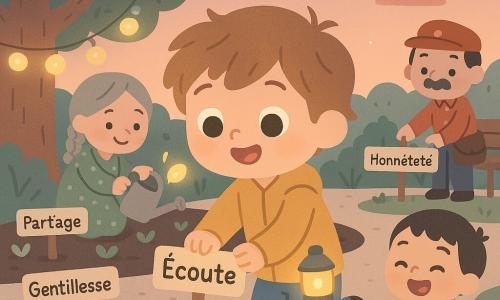 Léo, garçon de 6 ans souriant et émerveillé, cheveux châtain clair en bataille, yeux noisette, veste jaune moutarde et pantalon bleu, tient une petite lanterne brillante dans sa poche et plante une pancarte « Écoute » dans un carré de terre ; à gauche, la voisine aux cheveux gris tressés, robe verte à pois, agenouillée, arrose une rangée de mots-plantés ; à l’arrière-plan droit, un facteur moustachu en casquette rouge et sacoche brune plante un piquet « Honnêteté » près d’un banc en bois ; devant Léo, un petit garçon de 3 ans en salopette orange rit en tenant un mot plié ; un arbre ancien à gauche laisse tomber une feuille lumineuse qui effleure Léo ; décor : jardin de mots au crépuscule avec parterres de terre sombre, allées de gravier clair, pancartes en bois colorées, guirlandes de lanternes et ciel saumon pâle ; ambiance paisible, couleurs pastel, contours simples et formes arrondies, Léo plantant « Écoute » avec une concentration douce tandis que sa lanterne luit et des oiseaux stylisés volent en arrière-plan.