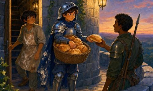 Un chevalier au casque partiellement relevé, visage serein et chaleureux, en armure bleu mat et cape tachée de farine tend un pain d’un grand panier en osier vers un jeune garde au visage fatigué mais soulagé, tandis qu’un apprenti boulanger timide observe depuis l’ombre d’une porte ; la scène se déroule au sommet d’une tour de pierre ancienne couverte de lierre, sous des lampes à huile et un ciel crépusculaire avec lune pâle, atmosphère de solidarité, tons chauds pour les personnages contrastant avec les pierres froides, composition centrée, style peinture acrylique douce pour enfants.