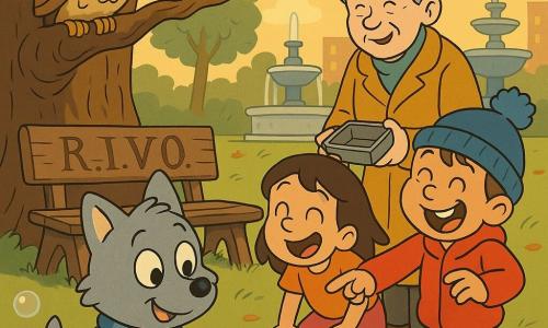 Loupin, petit loup anthropomorphe au pelage gris et à l'écharpe bleue rayée, agenouillé dans l'herbe tenant une petite plaque ronde en métal gravée 