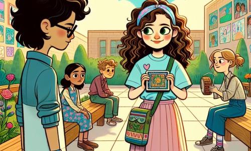 Lila, une fille de 10 ans aux cheveux bruns et bouclés, se tient au centre de la cour d'école, vêtue d'un t-shirt bleu clair et d'un pantalon rose. Son visage montre une douce détermination et des yeux curieux. Elle tient une boîte à images colorée contre sa poitrine. À ses côtés, Samira, également âgée de 10 ans et aux cheveux longs et noirs, sourit et l'encourage. Un peu plus loin, Jules, un garçon de 10 ans avec des lunettes et des cheveux blonds en bataille, s'approche avec un tambour, intrigué par la boîte de Lila. La cour est animée, avec des jardinières, des bancs en bois et des dessins colorés. Le ciel est bleu et ensoleillé, créant une ambiance joyeuse. Lila se prépare à présenter son projet sur les émotions, entourée de ses amis attentifs, dans une atmosphère de soutien et d'amitié.