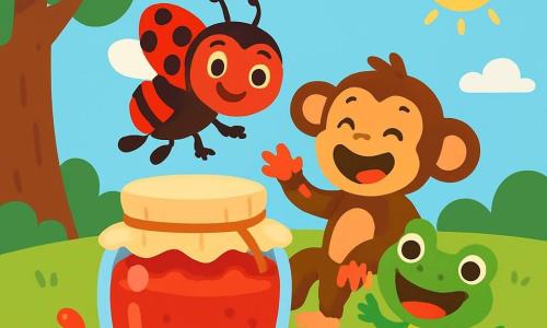 Une coccinelle nommée Lili, avec un corps rouge et des taches noires, sourit en flottant au-dessus d'un pot de confiture. Ses yeux brillent de curiosité. À côté d'elle, Léon le Singe, au pelage brun, rit en essayant de sortir de la confiture avec ses pattes collantes. Zaza la Grenouille, avec sa peau verte, saute autour du pot, éclaboussant un peu de confiture sur l'herbe. En arrière-plan, un arbre majestueux et un ciel bleu clair créent une ambiance joyeuse. La scène montre les amis riant ensemble, recouverts de confiture, illustrant une aventure amusante.