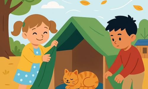 Trois personnages : Léa, 5 ans, cheveux châtain clair en deux couettes, veste jaune, robe à pois bleu clair, à gauche, souriante, tient une grande couverture en train d'attacher l'abri ; Milo, 5 ans, cheveux noirs en brosse, pull rouge, pantalon beige, à droite, concentré, pose des pierres plates pour stabiliser le carton ; un petit chat roux tigré aux yeux verts est roulé sur un coussin bleu à l'intérieur et ronronne. Cour d'école ensoleillée avec goudron ocre, un arbre à gauche, une cabane à outils à droite, une balançoire en arrière-plan et feuilles d'automne balayées par le vent. Les enfants ont construit un abri improvisé avec une couverture verte, un grand carton décoré de pommes rouges et des pierres ; le vent souffle dehors mais l'intérieur est calme et chaleureux, éclairé par un rayon de soleil.