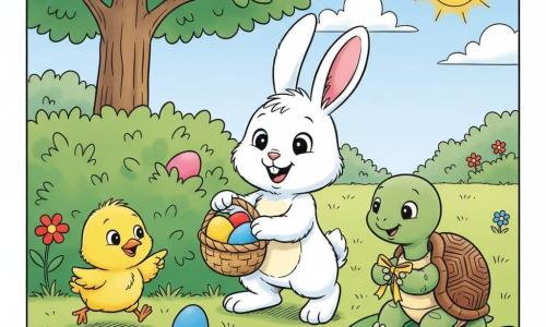 Un petit lapin blanc au ventre crème, oreilles roses, souriant, tient un panier d'osier rempli d'œufs colorés et cache un œuf rose derrière un buisson; à sa gauche, un poussin jaune duveteux pointe du bec vers un œuf bleu en sautillant; à droite, une tortue verte au dos marron tient un ruban jaune assise sur une feuille; jardin lumineux d'herbe tendre, fleurs rouges et bleues, grand buisson, arbre au tronc brun clair et ciel bleu pâle avec soleil souriant; ambiance douce et joueuse de chasse aux œufs avec couleurs vives et composition claire.