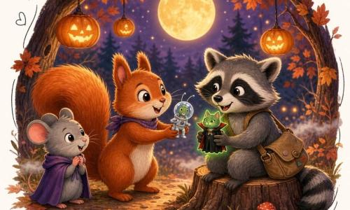 Noisette, un jeune écureuil roux aux yeux pétillants, tend une figurine de Sauterelle Astronaute vers Gustave, un raton laveur espiègle à la fourrure grise portant une besace et tenant une figurine Chat‑Vampire verte qui luit, tandis que Mimi, une petite souris grise timide mais courageuse, regarde l’échange avec admiration ; le trio se trouve dans une clairière d’automne sous une lune jaune, lanternes en citrouille suspendues aux branches, léger voile de brume et feuilles orangées au sol, ambiance chaleureuse d’Halloween aux tons orange et violets, textures de bois, fourrure et tissu détaillées et éclairage doux des lanternes.