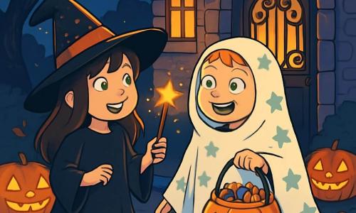 Il y a deux personnages principaux : Léa, une fille de 10 ans avec de longs cheveux bruns et des yeux pétillants, portant un costume de sorcière noir et tenant une baguette magique, et Zoé, également âgée de 10 ans, avec des cheveux blonds courts et un drap blanc représentant un fantôme, souriant avec un panier à bonbons. L'action se déroule devant une vieille maison en pierre, entourée d'arbres tordus, sous un ciel étoilé, avec des citrouilles sculptées illuminant le chemin. Léa et Zoé se tiennent devant la porte de la maison hantée, prêtes à frapper, échangent un regard complice, leurs visages éclairés par la lueur des citrouilles.