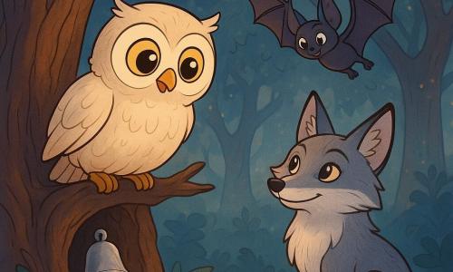 Plume, un petit hibou aux plumes douces, est perché sur une branche d'un arbre ancien, ses grands yeux brillants d'excitation. Il regarde une clochette d'argent perdue dans l'écorce, son cœur battant d'espoir. Ronce, une vieille renarde au pelage argenté, l'observe avec un sourire sage, tandis que Grin, une chauve-souris, vole autour d'eux. Ils se trouvent dans une forêt enchantée, baignée d'une douce lumière de crépuscule, où des ombres dansent entre les branches. Plume hésite, prêt à plonger dans l'inconnu pour retrouver la clochette, tandis que la nuit semble écouter son cœur.