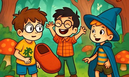 Trois personnages se trouvent dans la forêt de l’Oubli-Express : Arthur, un garçon de 10 ans avec des cheveux châtains en bataille, des lunettes rondes, un t-shirt jaune et un short bleu, tenant un chausson géant sous le bras ; Hugo, également âgé de 10 ans, avec des cheveux noirs, des lunettes épaisses, une chemise à carreaux rouges et un pantalon vert, riant joyeusement ; et Timothée, un garçon blond portant un chapeau pointu trop grand, une cape bleue et un t-shirt à rayures, émerveillé par le chausson. La forêt est peuplée d'arbres tordus, de buissons colorés, de champignons géants et de petites fées scintillantes. Les trois amis, surpris et joyeux, se tiennent prêts pour l'aventure, observés par des limaces géantes et des écureuils curieux.