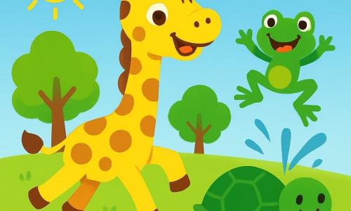 Gigi la girafe à pois jaunes et marron, avec un long cou et des yeux joyeux, saute dans la prairie, souriante. À côté, Boule la tortue, avec sa carapace verte, roule lentement sur l'herbe, tandis que Plouf la grenouille, pleine d'énergie, saute et éclabousse. Le décor est une prairie ensoleillée avec des fleurs colorées et des arbres verdoyants. Gigi, enthousiaste, s'apprête à faire le tour du village pour partager des rires et des jeux avec ses amis.