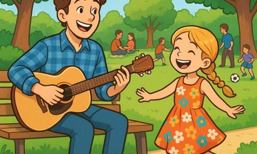 Victor, un homme d'une trentaine d'années, joue de la guitare sur un banc au parc. Il a des cheveux bruns ondulés, une chemise à carreaux bleue et un jean décontracté. Lisa, une petite fille de 8 ans avec des cheveux blonds tressés et une robe colorée à fleurs, danse devant lui, captivée par sa musique. Le parc est verdoyant avec de grands arbres, des fleurs colorées, et des familles profitant du soleil. Victor joue une chanson joyeuse pour un public ravi, tandis que Lisa danse, créant une atmosphère festive.