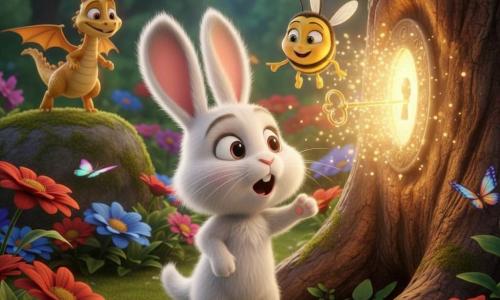Un petit lapin blanc au pelage duveteux et aux grandes oreilles, debout sur ses pattes arrière, insère une petite clé dorée dans le trou lumineux d’un vieux chêne ; la clé active un portail qui jaillit d’une lumière chaude et scintillante avec des particules flottantes, créant une atmosphère d’émerveillement et d’aventure imminente ; à ses côtés, l’abeille Miel, jaune et noire, vole et pointe la clé, tandis qu’un dragon miniature aux écailles dorées observe la scène depuis une pierre dans un jardin magique d’herbe moelleuse parsemé de grandes fleurs colorées et de papillons multicolores.