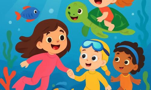 Quatre enfants nagent dans un monde sous-marin magique : Lila, 8 ans, souriante en combinaison de plongée rose ; Zoé, 7 ans, curieuse avec des tresses blondes et des lunettes de plongée ; Jade, 6 ans, émerveillée par des poissons colorés ; et Mia, 7 ans, riant sur le dos d'une tortue verte. Elles explorent un environnement rempli de coraux multicolores et de rayons de lumière, suivant une tortue vers des aventures sous-marines.