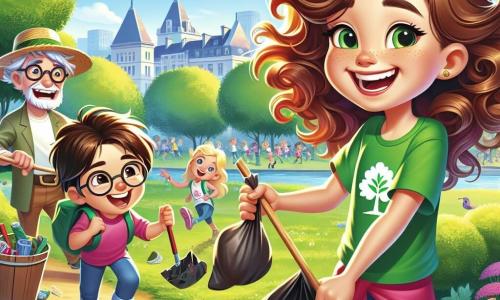 Léa, une fille de 12 ans aux cheveux châtains et bouclés, porte un t-shirt vert avec un dessin d'arbre. Elle sourit avec des yeux pétillants d'excitation en ramassant des déchets dans un parc ensoleillé. Son ami Léo, également âgé de 12 ans, blond et portant des lunettes, tient un sac poubelle et l'encourage. Monsieur Dupont, un homme âgé avec une barbe grise et un chapeau de paille, montre aux enfants comment trier les déchets. Le parc est verdoyant avec des arbres, des fleurs et un ciel bleu. Les enfants jouent sur l'herbe pendant que d'autres ramassent des déchets et apprennent à recycler, motivés par leur envie de protéger la planète.