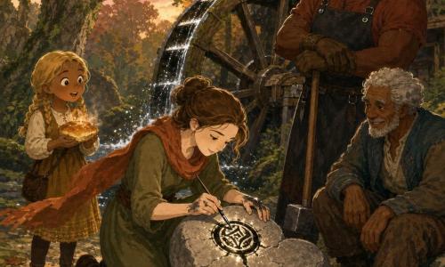 Liora, calligraphe d’environ 30 ans, genou à terre devant une pierre fissurée, trace un sceau noir lumineux à la plume, cheveux châtains attachés, mains tachées d’encre, robe kaki et écharpe rouille; une fillette de 8 ans aux tresses blondes tient un petit pain et la regarde émerveillée à gauche; un forgeron d’environ 40 ans en tablier de cuir, appuyé sur son marteau, sourit soulagé à l’arrière droit; un ancien meunier d’environ 70 ans, cheveux gris et veste usée, est assis près de la roue, la main sur le bois, ému et reconnaissant; au bord d’une forêt dense, un vieux moulin en bois à grande roue mouillée commence à tourner tandis que des filets d’eau argentée jaillissent, le ciel d’automne pâle et les villageois observent, atmosphère chaleureuse et héroïque, couleurs chaudes et textures de gouache.