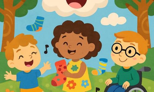 Il y a trois personnages : Mia, une petite fille de 7 ans aux cheveux bouclés et portant une robe colorée à fleurs, tenant une chaussette rouge à pois verts ; Lucas, un garçon de 6 ans avec des joues rondes, vêtu d'un t-shirt bleu et d'un short jaune, dansant avec enthousiasme à gauche de Mia ; et Tom, un garçon de 8 ans assis dans un fauteuil roulant, portant des lunettes et un pull vert, admirant ses amis à droite de Mia. L'histoire se déroule dans un jardin enchanté rempli de fleurs multicolores et de nuages en guimauve. Les personnages dansent joyeusement avec une chaussette magique qui chante, tandis qu'une guimauve géante rit, créant une atmosphère festive.