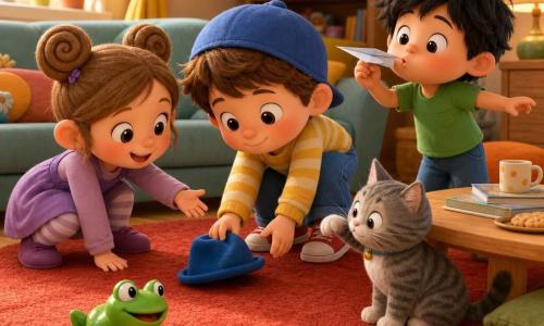 Timothée, 4 ans, visage rond et joues roses, casquette bleue et pull jaune rayé, se penche pour ramasser un petit chapeau bleu; Lila, 4 ans, tresses en escargot et robe violette, accroupie à gauche, tend la main en souriant; Sami, 4 ans, cheveux noirs en bataille et t-shirt vert, à droite, souffle en faisant semblant d'être un avion en papier, regard joueur; une grenouille-jouet verte, Mado, est posée sur le tapis; le chat gris rayé du voisin, Maxou, près de la table basse, patte levée, observe la scène; salon chaleureux avec tapis rond rouge, table basse en bois clair, coussins colorés, lumière matinale et une petite assiette de biscuits; composition centrée sur le chapeau bleu tombé sous la table et les mains qui s'en approchent, expressions joyeuses et couleurs vives.
