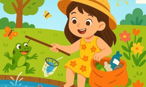 Une petite fille de 6 ans, aux longs cheveux bruns et aux yeux curieux, est assise au bord d'un étang. Elle porte une robe jaune à fleurs et un chapeau de paille, souriant en observant les grenouilles. À côté d'elle, une grenouille verte nommée Gaston saute joyeusement d'un nénuphar à l'autre. Le jardin est enchanteur, rempli de fleurs colorées et de papillons, sous un ciel bleu. Léa et Gaston nettoient l'étang, ramassant des déchets colorés avec enthousiasme, transformant cet endroit en havre de paix pour les animaux.