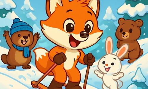 Un petit renard aux yeux pétillants et à la fourrure rousse glisse joyeusement sur des skis dans une colline enneigée, souriant d'excitation. À ses côtés, un castor au bonnet bleu et à l'écharpe rayée l'encourage en levant les bras depuis une plateforme de neige. Plus loin, une lapine blanche applaudit en sautillant, tandis qu'un ourson brun se prépare à descendre. La scène se déroule dans une forêt magique avec des arbres couverts de neige et un ciel bleu parsemé de nuages. Les autres animaux admirent le renard, qui découvre le plaisir du ski et l'esprit d'équipe entouré de ses amis.