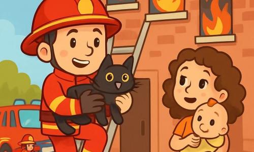 Lucas, un jeune pompier souriant et déterminé, descend une échelle en tenant un chat noir, affichant fierté et soulagement. À ses côtés, une maman d'une trentaine d'années admire son acte tout en tenant son bébé, vêtue d'une robe légère et semblant soulagée près de la porte de l'immeuble en feu. L'immeuble en briques rouges est envahi par des flammes et de la fumée noire, tandis que d'autres pompiers s'affairent autour, avec des camions rouges garés sur le trottoir. Lucas sauve le chat coincé, illustrant l'héroïsme des pompiers.