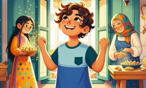 Un garçon de 8 ans, Sami, aux cheveux bruns et bouclés, sourit émerveillé devant une fenêtre décorée de lanternes colorées. Il porte un t-shirt bleu et un short jaune, levant les bras comme s'il célébrait quelque chose de magique. À ses côtés, sa grande sœur Lina, 12 ans, avec de longs cheveux noirs tressés, prépare des gâteaux en forme d'étoiles sur une table en bois, souriant en regardant Sami. Leur maman, une femme d’une trentaine d’années avec un foulard coloré, dispose des brioches dorées sur une assiette. La maison familiale est accueillante, avec des murs jaunes et des décorations traditionnelles, créant une atmosphère festive. Sami est émerveillé par les lanternes, prêt à partager la magie du Ramadan avec sa famille et ses amis, entouré de rires et de douceurs.