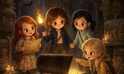Quatre fillettes dans une crypte sous une vieille bibliothèque : Léa, ~11 ans, cheveux châtain courts, veste bleu marine, tient la torche au centre, regard courageux vers un coffre ancien entrouvert ; Clara, ~10 ans, cheveux longs roux, robe à fleurs, tient une carte parchemin à gauche de Léa, souriante et curieuse ; Emma, ~11 ans, cheveux noirs en couette, pull vert pâle, à droite de Léa, une main serrant celle de Léa, un peu inquiète mais rassurée ; Zoé, ~10 ans, cheveux blonds en tresses, veste jaune, légèrement en avant près du coffre, rit et pointe le coffre. La crypte a un escalier en colimaçon, murs de pierre couverts de mousse et toiles d'araignée, sarcophages gravés, chandelles vacillantes et petites chauves‑souris en silhouettes ; au centre le médaillon doré dans le coffre émet une lueur chaude qui éclaire leurs visages chibi, poussière scintillante dans l'air, ambiance légèrement effrayante mais douce et rassurante.