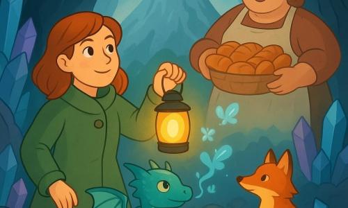Liane, une jeune femme déterminée et douce, se tient au pied d'une montagne majestueuse. Elle porte un manteau de laine verte et tient une lanterne brillante. À ses côtés, un petit dragon nommé Brume, aux écailles bleu-vert, souffle de la fumée en forme de papillons. Non loin, une renarde nommée Silex, au pelage automnal, observe les environs. À l'arrière-plan, Berta la Boulangère-Géante, avec un tablier rempli de pains chauds, sourit. La scène se déroule dans une caverne aux cristaux scintillants, au cœur de la Montagne d'Écume, où une lumière douce émane d'un rocher en forme de cœur. Liane et ses amis rassemblent des noms anciens pour apaiser la montagne, une scène empreinte de magie et de camaraderie.