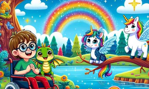 Dans un monde magique, un garçon de neuf ans nommé Tom, avec des cheveux bruns et des lunettes, est assis dans un fauteuil roulant coloré. À ses côtés se trouvent un petit dragon vert nommé Flamme, une licorne étincelante nommée Étoile, et un hibou sage nommé Sagesse. Le décor est féerique, avec des arbres aux troncs colorés, des fleurs vives, et une rivière de limonade scintillante sous un ciel bleu. Tom et ses amis jouent près de la rivière, tandis qu'un arc-en-ciel lumineux symbolise l'espoir et la magie de l'amitié.