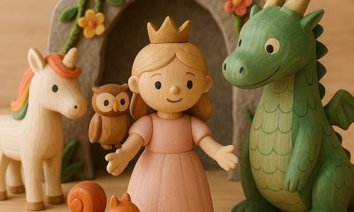 La princesse Étoile, fillette d'environ 8 ans, sourit doucement et tend la main ; poupée en bois peinte robe rose pâle et couronne dorée, face à un grand dragon en bois vert aux écailles peintes, incliné comme pour écouter ; Oliver le hibou, petite pièce brune aux yeux blancs, perché sur son épaule droite ; Toupie l'écureuil, mini figurine rousse à queue en spirale, au pied gauche ; Lune la licorne blanche à crinière arc‑en‑ciel, placée derrière comme protectrice ; décor : entrée de grotte en carton gris, lianes en laine verte et petites fleurs en feutrine sur une table en bois clair ; scène centrée et chaleureuse, couleurs chaudes et textures boisées.