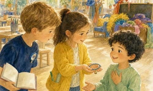 Trois enfants sont autour d'une petite table dans une grande salle lumineuse d'un hub associatif : Inès (7 ans, queue de cheval, petit gilet jaune) tend au centre un bracelet bleu et jaune avec un grelot, Léo (7 ans, cheveux châtain clair, t-shirt bleu marine) à gauche tient un carnet et observe sérieux et curieux, Nino (6–7 ans, cheveux noirs bouclés, pull vert pâle) à droite reçoit le bracelet en souriant timidement, main sur la poitrine, ambiance chaleureuse et bienveillante, expressions de soulagement et de fierté, décor en parquet clair, tables en bois avec fournitures et une boîte de déguisements, palette aquarelle douce aux tons jaune, bleu et vert.