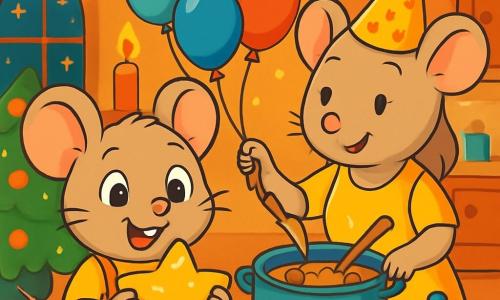 Mimi la Souris, une petite souris curieuse aux grandes oreilles, est au centre de l'image avec un tablier rouge décoré de cœurs, tenant un biscuit étoilé et souriant de joie. À côté d'elle, Maman Souris, au pelage soyeux et portant un chapeau de fête pailleté, prépare une soupe aux noisettes avec un sourire chaleureux. Dans un coin, Papa Souris, plus grand avec une moustache frisée et un nœud papillon, gonfle des ballons colorés, fier de sa famille. La scène se déroule dans une cuisine accueillante décorée pour le Nouvel An, illuminée par des bougies, créant une ambiance joyeuse. Mimi, enthousiaste, découvre le biscuit étoilé, symbole de la magie du Nouvel An, tandis que sa famille se prépare à célébrer ensemble.