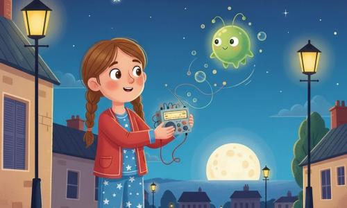 Lina, 10 ans, cheveux châtains en deux nattes, en pyjama bleu à étoiles et gilet rouge, tient une petite radio bricolée qui clignote sur le trottoir la nuit ; une petite créature extraterrestre lumineuse, boule verte aux yeux scintillants et fines antennes, flotte à quelques mètres en émettant des bulles de lumière ; autour d’eux des lampadaires jaunes, des maisons aux volets fermés, une grande lune basse et une étoile mobile ; Lina tend la radio vers la créature, sourire timide et regard émerveillé, la créature répond par des ondes colorées dans une ambiance magique et chaleureuse.