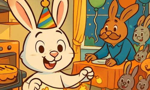 Un jeune lapin nommé Léo, aux grandes oreilles et à la fourrure blanche, sourit joyeusement. Il porte un chapeau de fête et tient des guirlandes scintillantes. À ses côtés, sa maman, une lapine brune, sort un gâteau aux carottes du four, fière et chaleureuse. Son papa, un lapin robuste avec une moustache, prépare une grande table décorée de ballons colorés. La scène se déroule dans un salon accueillant, illuminé par des guirlandes et la lumière de la lune, où des amis lapins et d'autres animaux se rassemblent pour célébrer le Nouvel An. L'ambiance est festive et colorée.