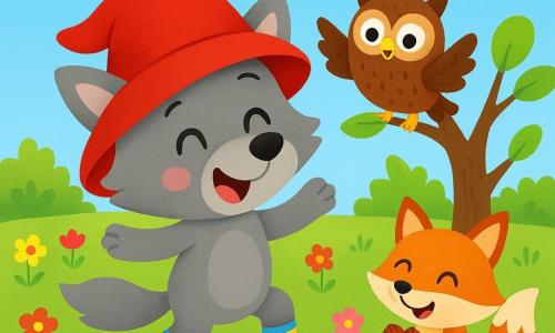 Loulou le petit loup, avec son pelage gris et ses grands yeux pétillants, saute de bonheur dans un champ verdoyant. Il porte un chapeau rouge trop grand et ses chaussons multicolores font un bruit amusant à chaque saut. À ses côtés, sa meilleure amie, Chloé la petite chouette, rit en battant des ailes, perchée sur une branche. Un peu plus loin, Max le renard, avec son pelage orange vif, applaudit en souriant, assis sur l'herbe. Le champ est fleuri, avec des fleurs colorées dansant sous le vent, un ciel bleu éclatant et quelques nuages. Loulou et ses amis jouent à cache-cache, riant et s'amusant ensemble dans une ambiance joyeuse.