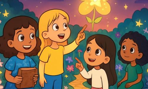Il y a quatre enfants : Clara, une fille de 10 ans aux cheveux châtains et bouclés, souriante avec un livre ancien, se tient à gauche ; Emma, également âgée de 10 ans, avec des cheveux blonds et lisses, vêtue d'un t-shirt jaune et d'un jean, regarde émerveillée le paysage au centre ; Lila, 10 ans, aux cheveux bruns et longs, en jupe rose et pull blanc, pointe une étoile brillante à droite ; Zoé, 10 ans, avec des cheveux noirs et frisés, habillée d'une robe verte, est assise sur une pierre, observant le jardin à l'extrême droite. L'action se déroule dans le Jardin des Étoiles, un lieu féerique aux fleurs scintillantes et aux étoiles brillantes. Les amies sont émerveillées devant une étoile en forme de fleur portant l'inscription « L’amitié est un trésor », réalisant l'importance de leur lien et des leçons de vie apprises ensemble.
