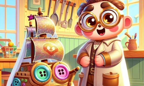Biscuit, un petit robot rond et coloré avec des yeux en forme de boutons multicolores, dévoile un magnifique bateau pirate en bois, brillant et décoré de paillettes, avec un grand sourire de fierté. Monsieur Bricolo, un inventeur jovial avec des lunettes rondes et une blouse de travail, se tient à côté de lui, surpris et heureux, s'approchant pour admirer le cadeau. La scène se déroule dans une cuisine chaleureuse, baignée de lumière du matin, avec des murs jaunes pastel et une table en bois encombrée d'outils et de jouets. Biscuit révèle le bateau pirate à son papa pour la fête des pères, créant un moment magique de partage et d'amour.