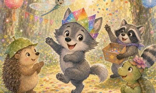 Loupi, petit loup gris au pelage duveteux et aux grands yeux ronds, danse sur ses pattes arrière en montrant un chapeau en papier arc‑en‑ciel scintillant ; Lila, libellule aux ailes irisées, vole au‑dessus en riant, Gaspard le hérisson rond à chapeau de feuilles applaudit timidement à gauche, Zoé la tortue à carapace verte et petit chapeau de fleurs sourit à droite, et Max le raton laveur malicieux tient une boîte de confettis derrière eux, le tout dans une clairière décorée de guirlandes, lanternes et fanions, confettis en l'air et lumière douce de fin d’après‑midi.