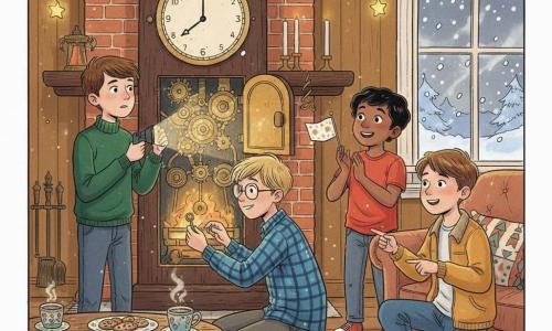 Quatre garçons dans un salon chaleureux réparent ensemble une grande horloge en bois pour le compte à rebours du Nouvel An : Lucas (11 ans, cheveux bruns courts, pull vert foncé) tient une lampe torche et regarde l'horloge depuis la gauche, Théo (11 ans, cheveux blonds en bataille, lunettes, chemise à carreaux bleue) est accroupi devant l'horloge et manipule des rouages métalliques, Léo (10 ans, cheveux noirs, t-shirt rouge) se tient à droite en applaudissant et tenant un petit drapeau en papier, Sami (10 ans, cheveux châtain clair, veste moutarde) est agenouillé près du canapé et montre un petit ressort doré trouvé sous un coussin ; l'horloge au cadran doré partiellement terni a une petite porte ouverte laissant voir des rouages brillants, la cheminée en briques la soutient, le salon est décoré de guirlandes dorées et lumières jaunes, tapis à motifs, table basse avec biscuits et tasses de chocolat chaud, neige visible à la fenêtre, ambiance festive et concentrée avec confettis prêts, expressions d'émerveillement et d'amitié, mains manipulant une clé et un bouton doré.