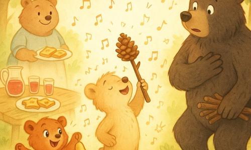 Basile, un jeune ours brun clair au pelage duveteux, chante timidement et fièrement la tête levée en tenant un petit trophée fait d'une grosse pomme de pin collée sur un bout de bois ; Noisette, une oursonne rousse plus petite, agite une clochette près de la table de goûter à gauche ; Papa Ours, grand et costaud au pelage sombre, surpris et ému, pose son fagot à droite et se met à genoux, main sur le cœur ; Maman Ourse, douce et ronde, apporte une assiette de tartines au miel en souriant à l'arrière-plan ; le jardin montre deux pommiers reliés par une guirlande de fanions, une petite cabane en bois ouverte, une table avec jus de framboise et tartines, et une spirale de craie au sol ; scène intime et chaleureuse de fête des pères au crépuscule, palette pastel chaude, textures aquarelle et contours crayonnés avec petits doodles (cœurs, notes, étoiles).