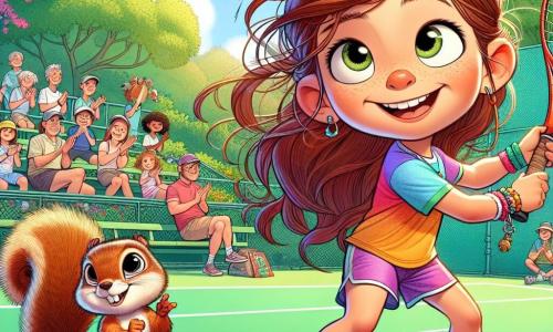 Léa, une fille de 12 ans, est au centre de l'image, avec des cheveux bruns en bataille, un sourire radieux et des joues rosies. Elle porte un t-shirt coloré et un short, tenant une raquette de tennis, prête à frapper une balle qui vole. À ses côtés, Flitz, un petit écureuil doré, l'encourage en levant une patte, avec une expression malicieuse. Le décor est un court de tennis en plein air, entouré de verdure, avec des arbres en fleurs et un ciel bleu. Des spectateurs applaudissent, créant une atmosphère joyeuse. Léa frappe la balle avec détermination, concentrée sur le jeu, tandis que Flitz l'encourage, illustrant l'esprit de camaraderie et de compétition amicale.
