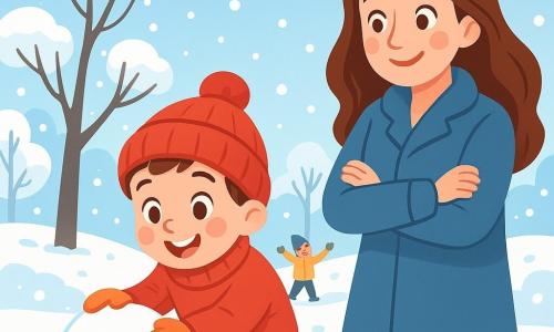 Léo, un petit garçon de 4 ans aux joues roses et aux yeux pétillants, porte un pull rouge et un bonnet assorti. Il roule une boule de neige avec un sourire éclatant, tandis que sa maman, une femme d’environ 30 ans aux longs cheveux bruns et au manteau bleu, l’encourage en souriant. La scène se déroule dans un parc hivernal, recouvert de neige, avec des flocons tombant doucement et des enfants jouant au loin. Léo et sa maman profitent d'une belle journée d’hiver, entourés de neige scintillante.