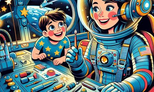 Clara, une astronaute souriante en combinaison spatiale bleue, flotte dans sa navette en travaillant sur le moteur, entourée d'outils colorés. À ses côtés, un petit garçon d'environ 8 ans, aux cheveux bruns et lunettes rondes, observe avec émerveillement, prêt à dessiner. La scène se déroule dans une navette moderne avec des panneaux de contrôle lumineux et une vue spectaculaire sur la Terre et les étoiles. Clara, concentrée, répare le moteur tandis que le garçon l'encourage, créant une atmosphère d'aventure et de camaraderie dans l'espace.